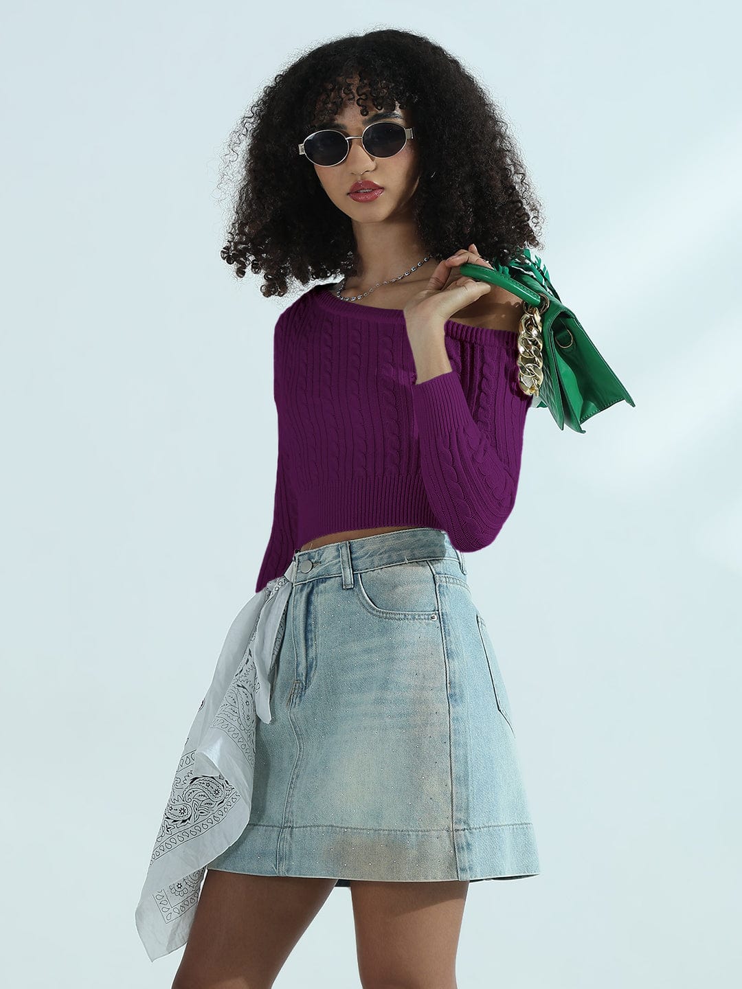 Women's Ribbed Purple Off Shoulder Crop Top