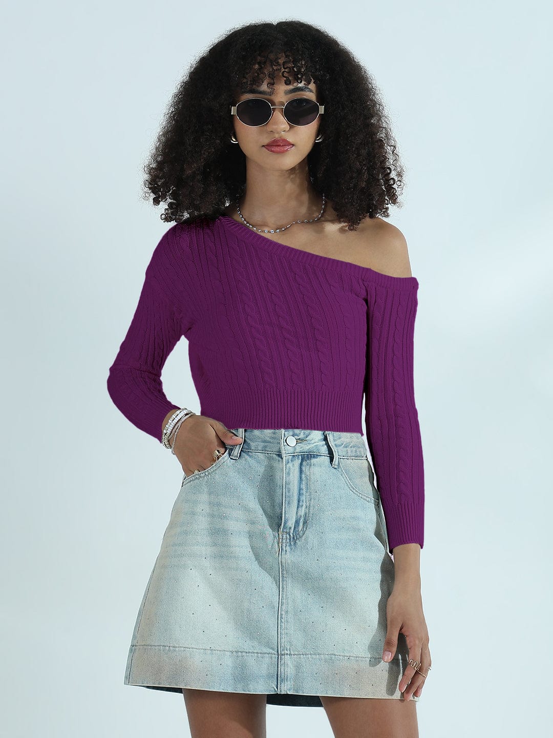 Women's Ribbed Purple Off Shoulder Crop Top