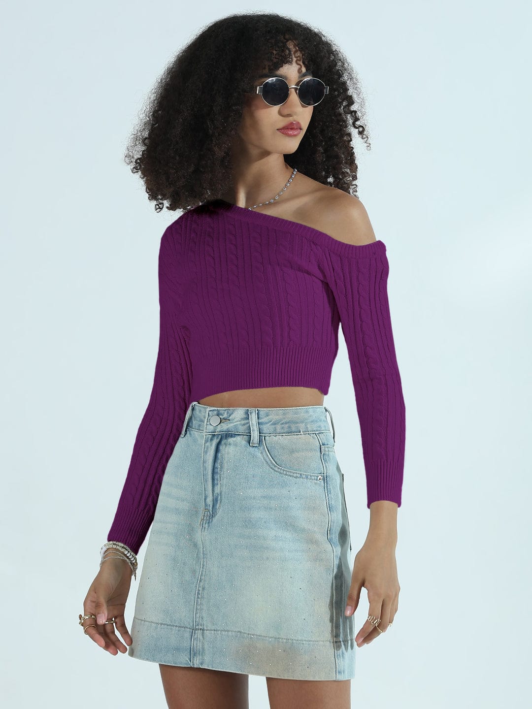 Women's Ribbed Purple Off Shoulder Crop Top