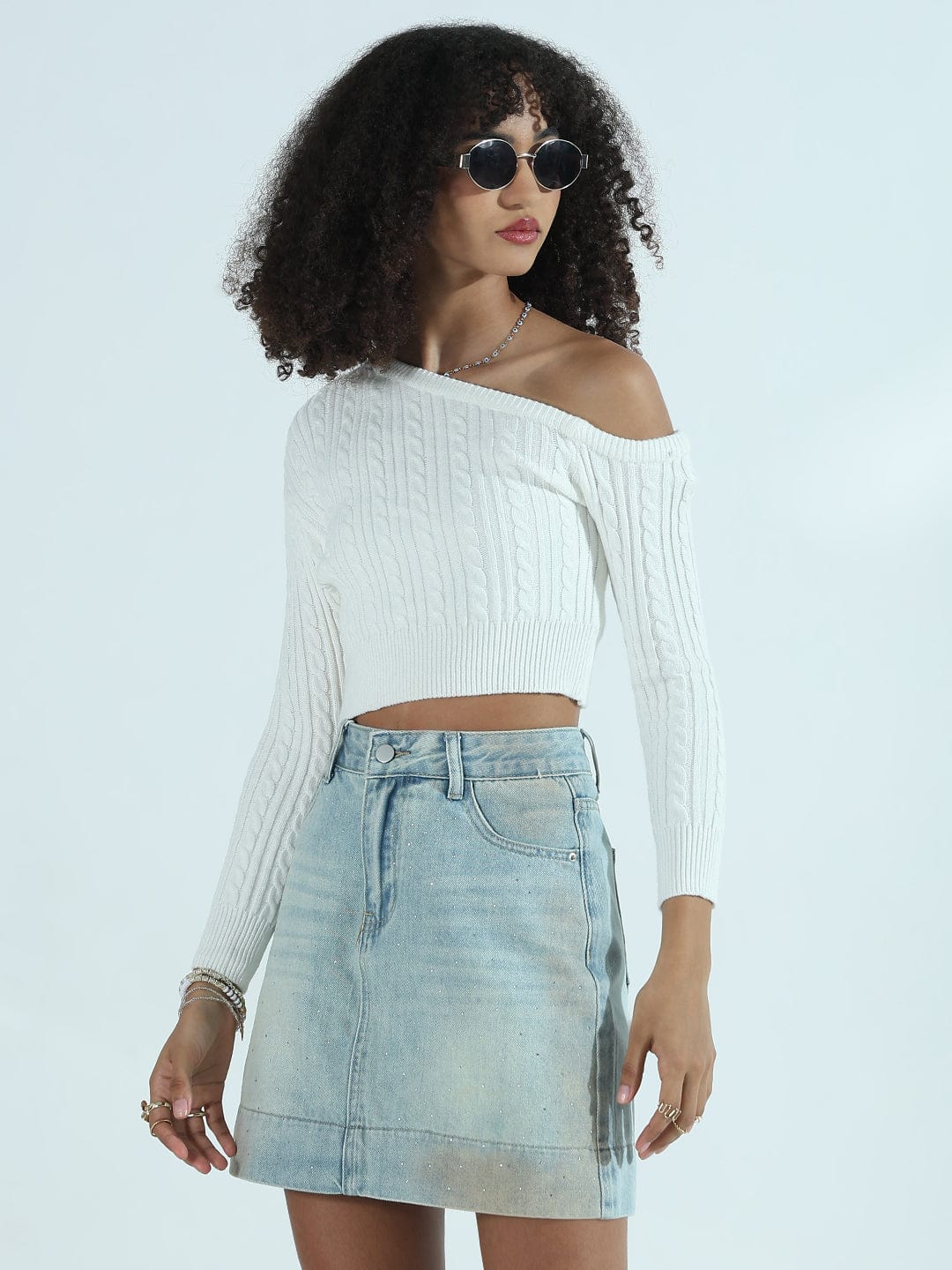 Women's Ribbed White Off Shoulder Crop Top
