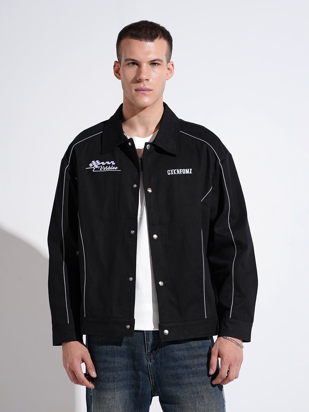 Men's Black Button Down Jacket with Piping Detail