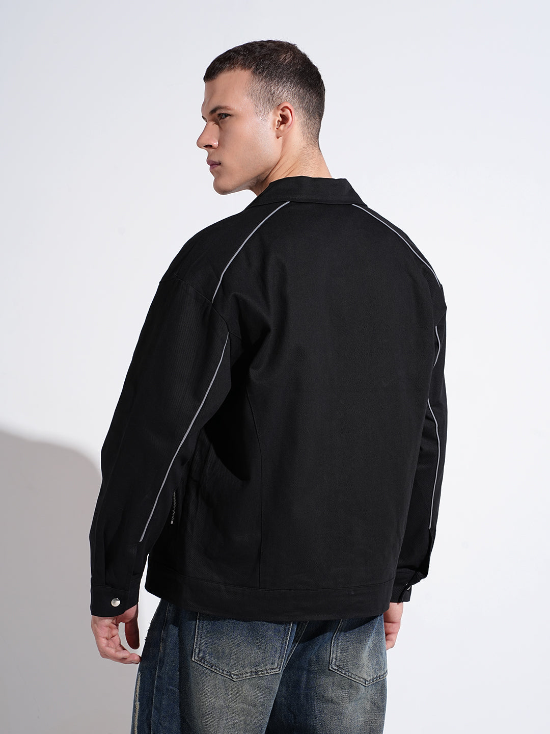 Men's Black Button Down Jacket with Piping Detail