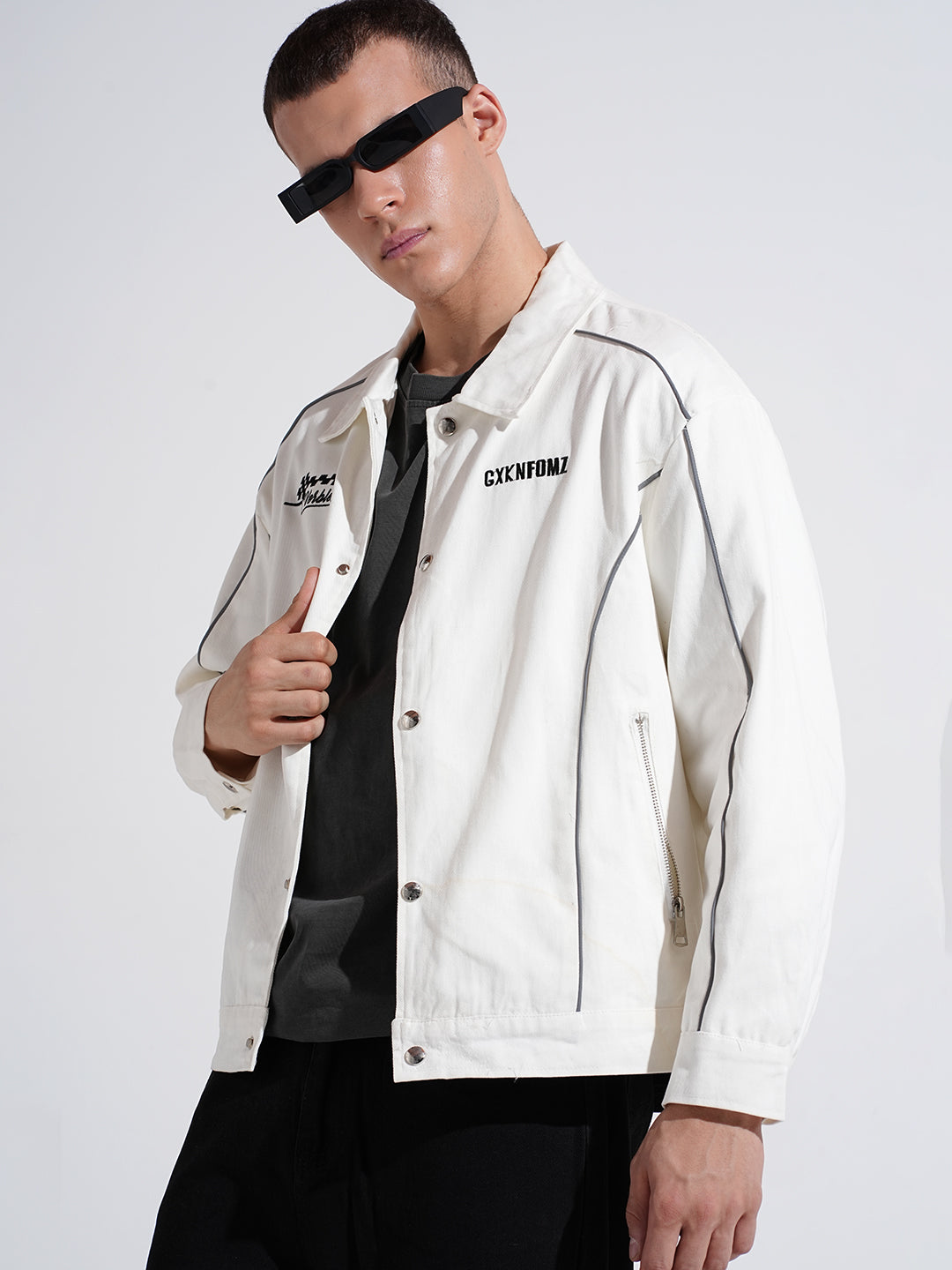 Men's White Button Down Jacket with Piping Detail