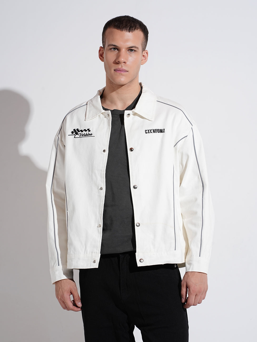 Men's White Button Down Jacket with Piping Detail