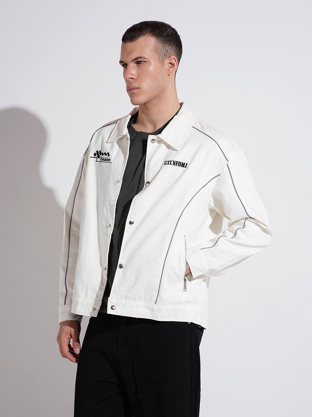 Men's White Button Down Jacket with Piping Detail