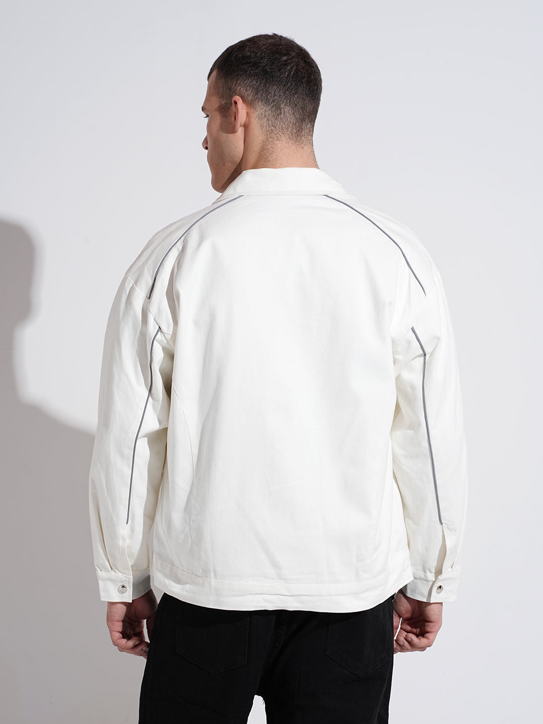 Men's White Button Down Jacket with Piping Detail