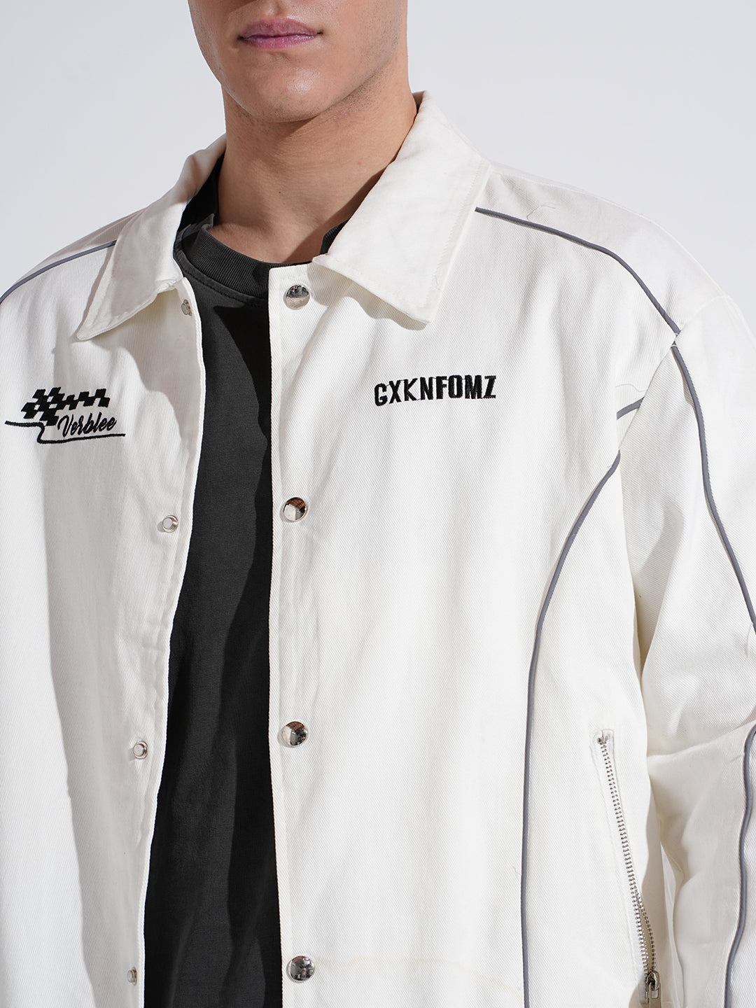 Men's White Button Down Jacket with Piping Detail