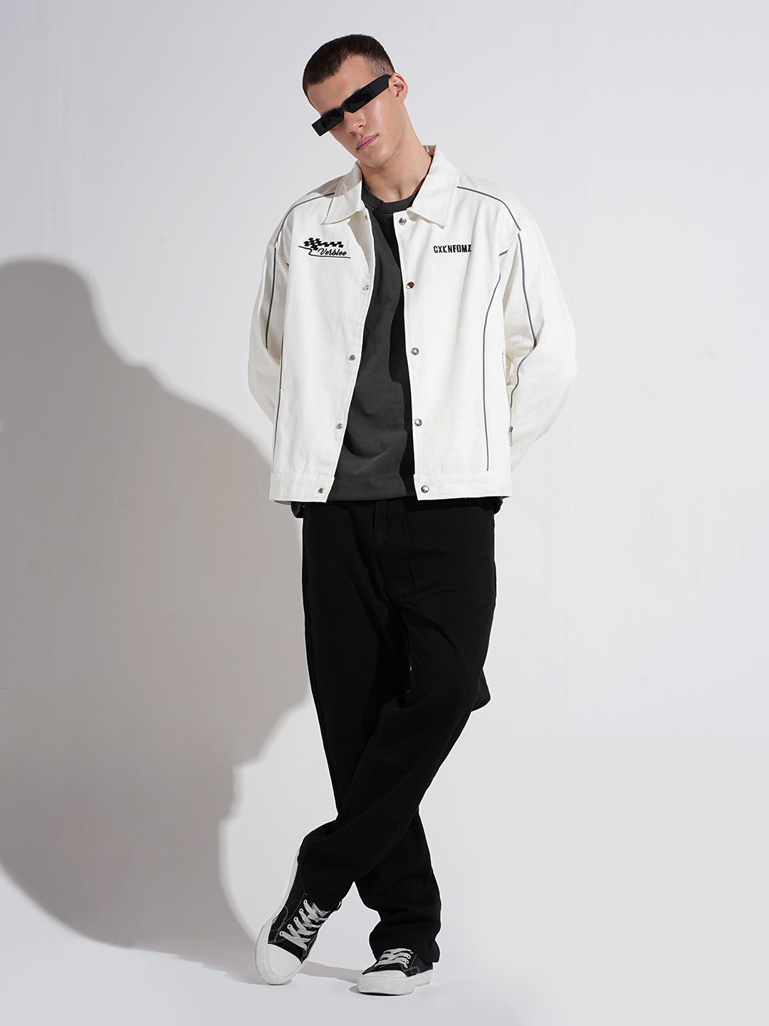 Men's White Button Down Jacket with Piping Detail