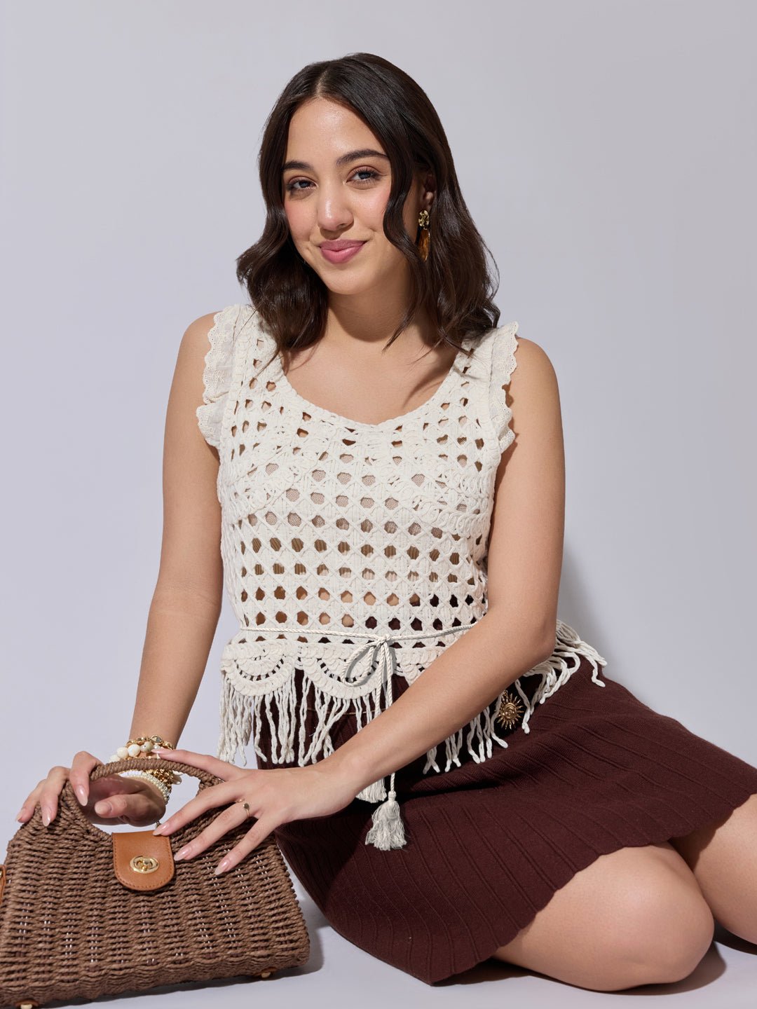 Women's Cream Crochet Sleeveless Top with Fringe Hem