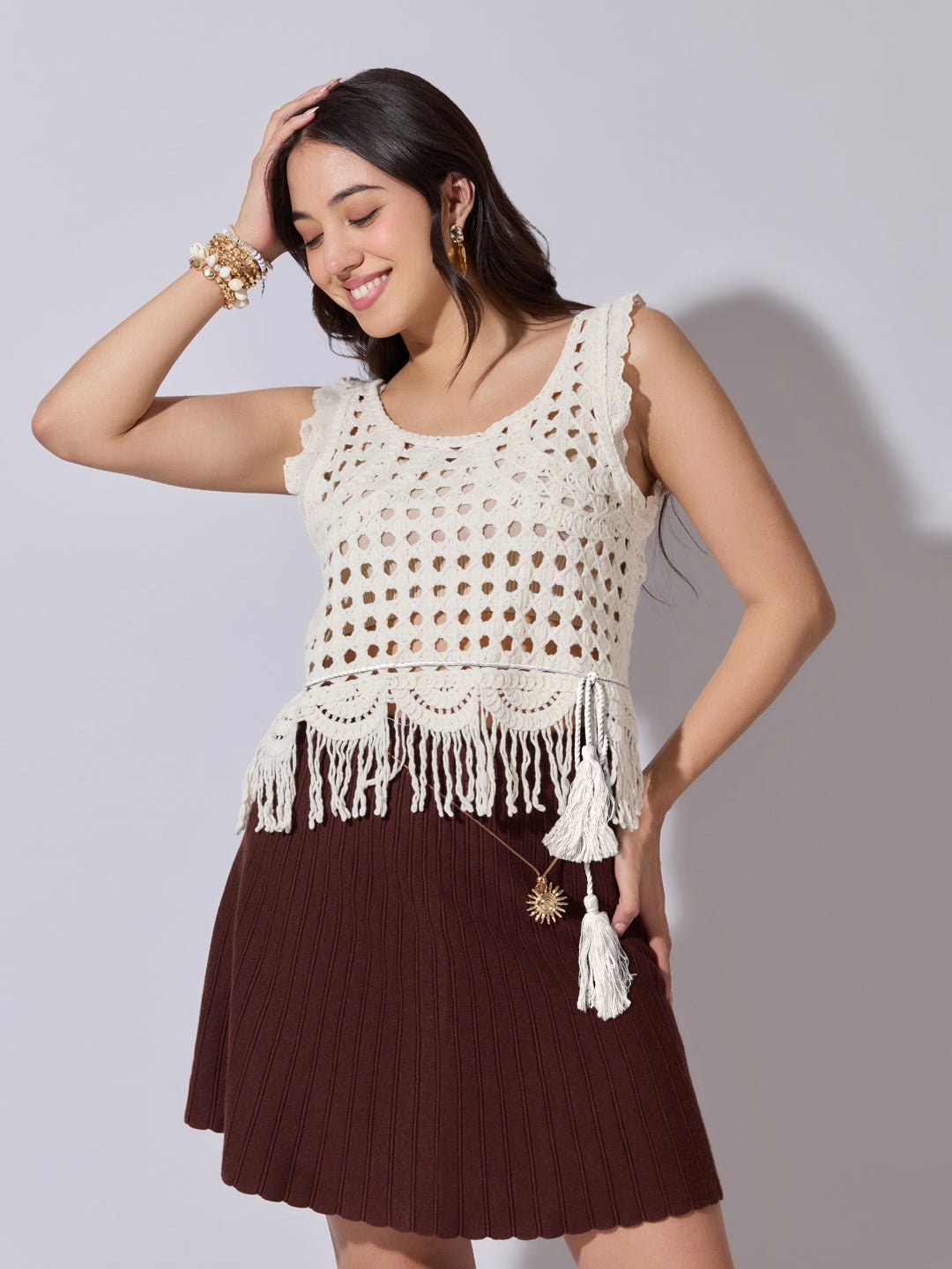 Women's Cream Crochet Sleeveless Top with Fringe Hem
