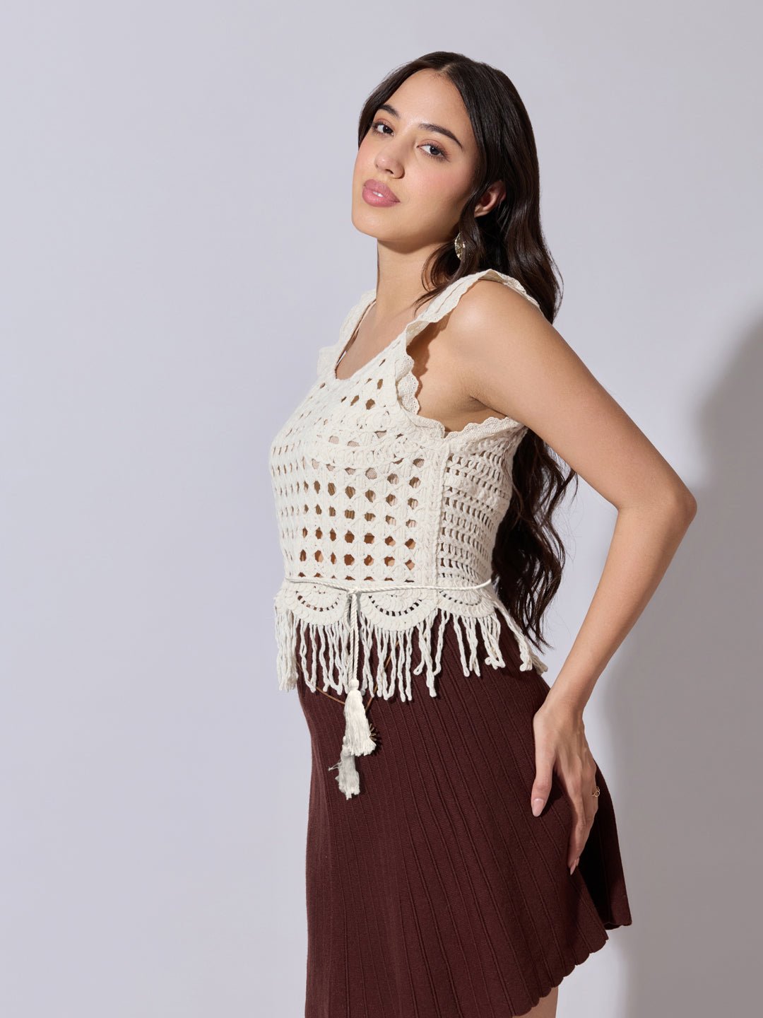 Women's Cream Crochet Sleeveless Top with Fringe Hem