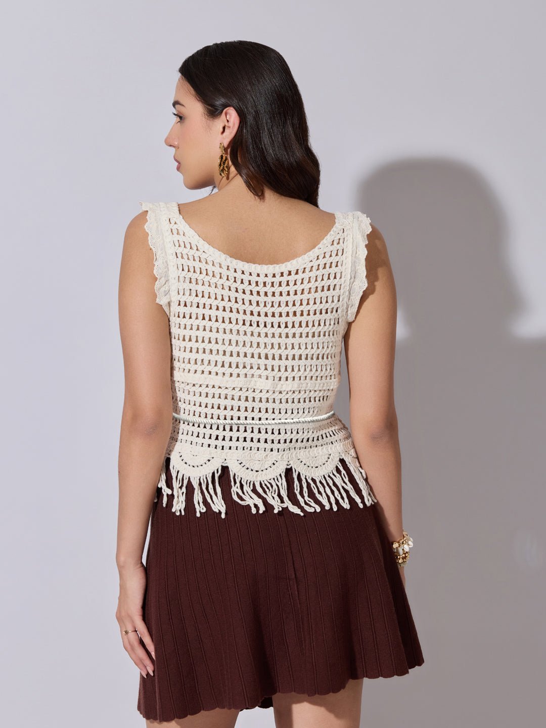 Women's Cream Crochet Sleeveless Top with Fringe Hem