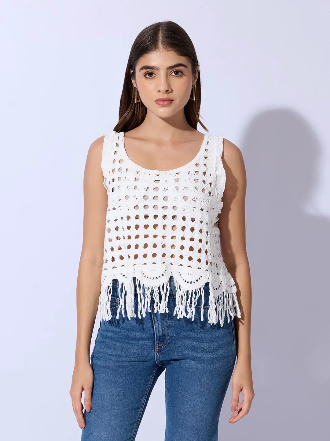 Women's White Round Neck Crochet Crop Top