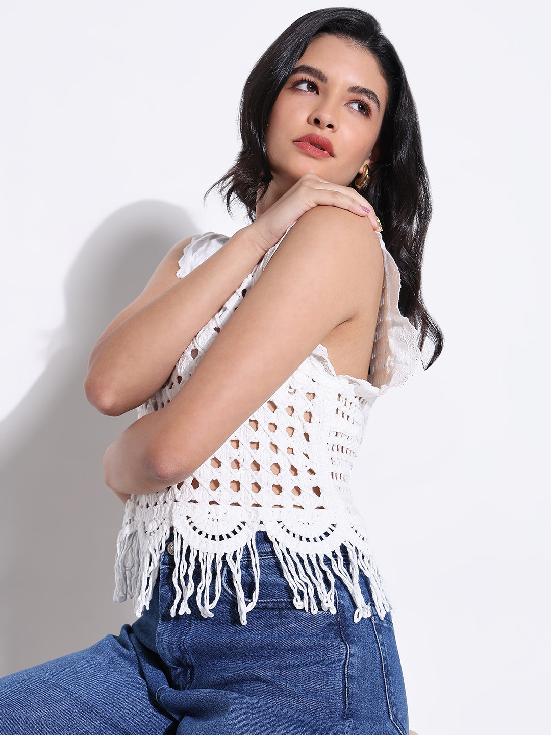 Women White Solid Crop Crochet Top