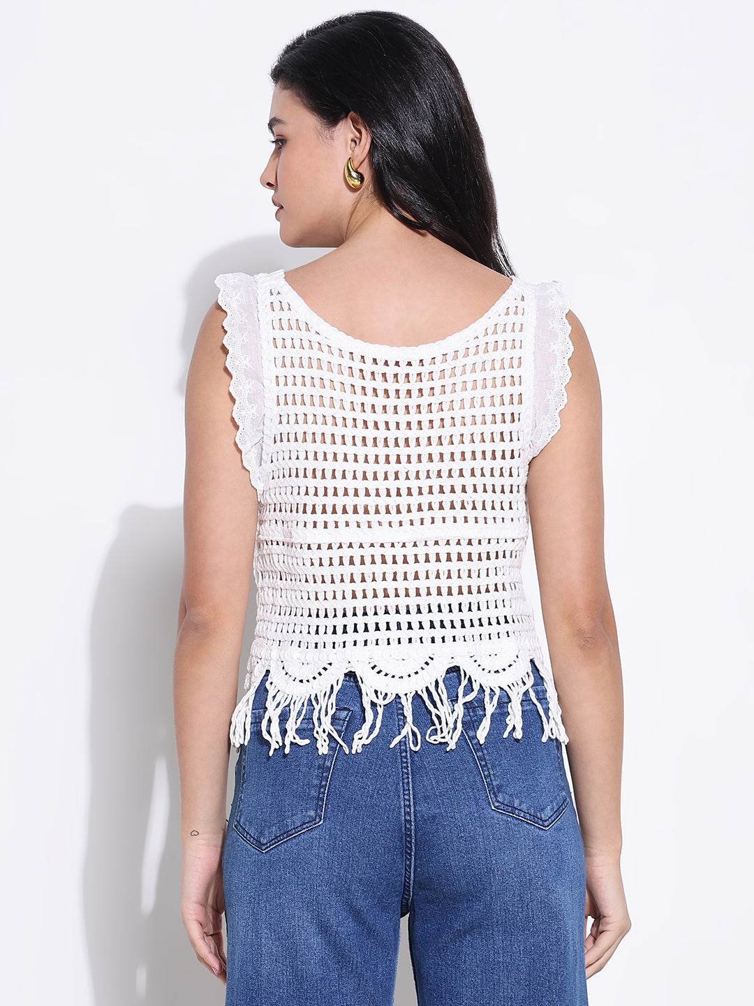 Women White Solid Crop Crochet Top