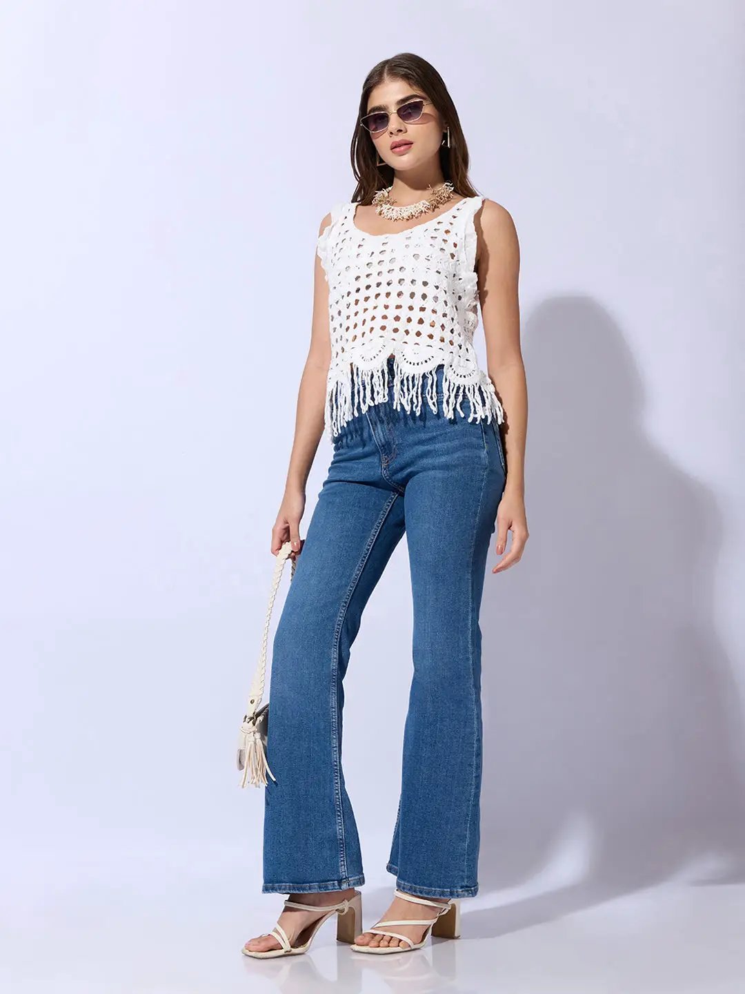 Women's White Round Neck Crochet Crop Top - Uncategorized from SHOWOFFFF