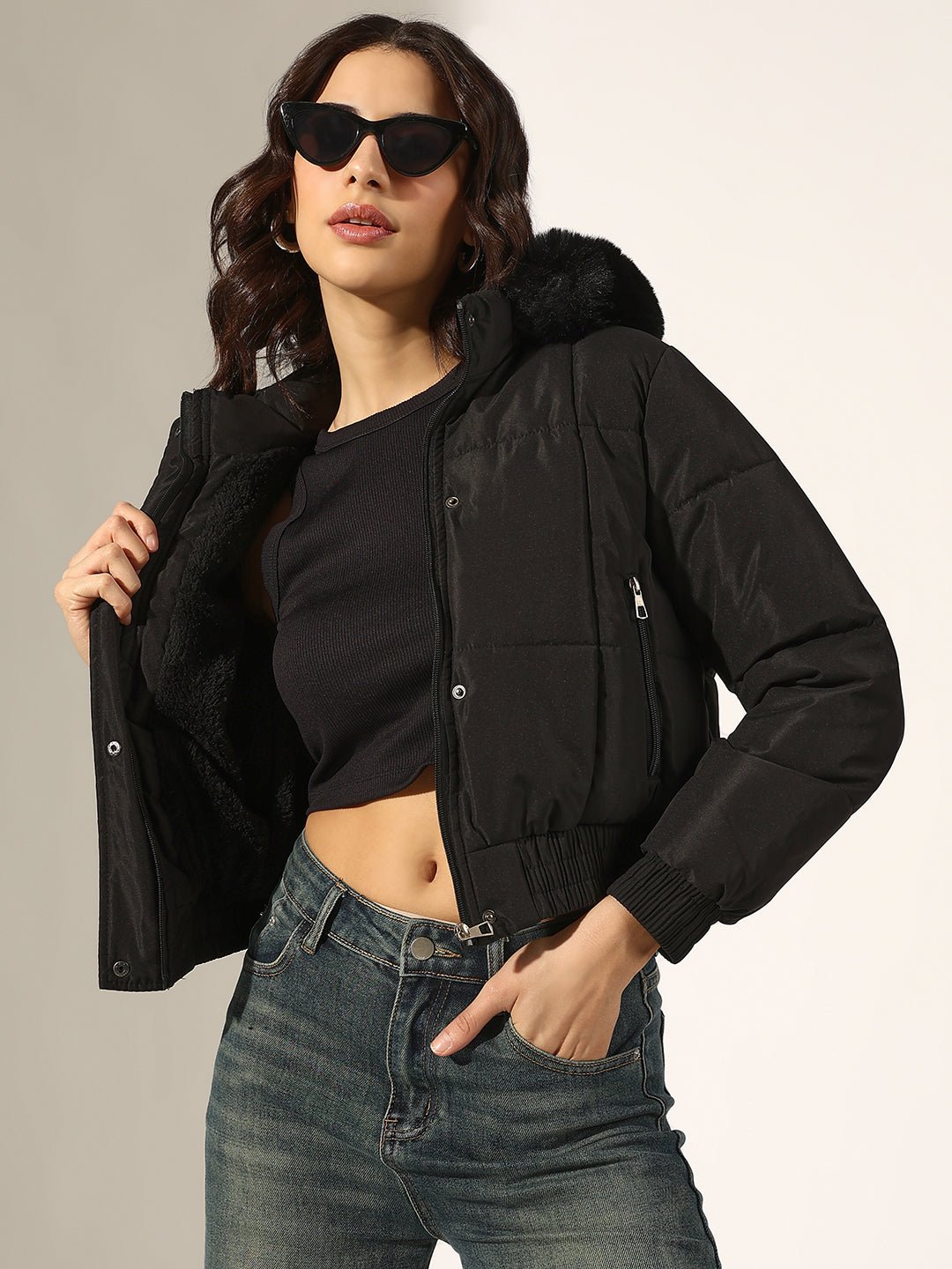 Women's Black Faux Fur Hooded Puffer Jacket