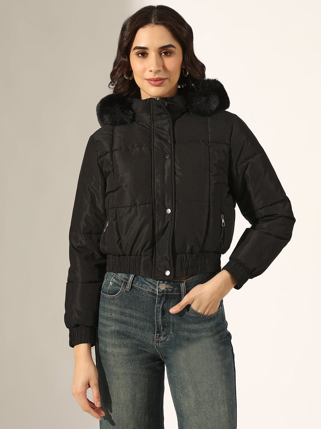 Women's Black Faux Fur Hooded Puffer Jacket