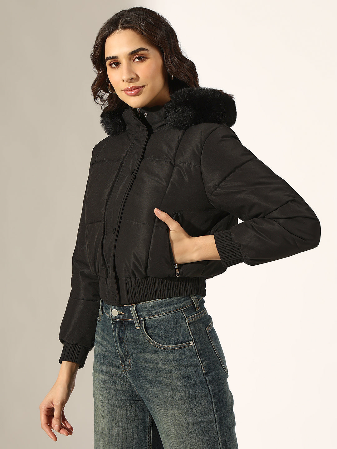 Women's Black Faux Fur Hooded Puffer Jacket