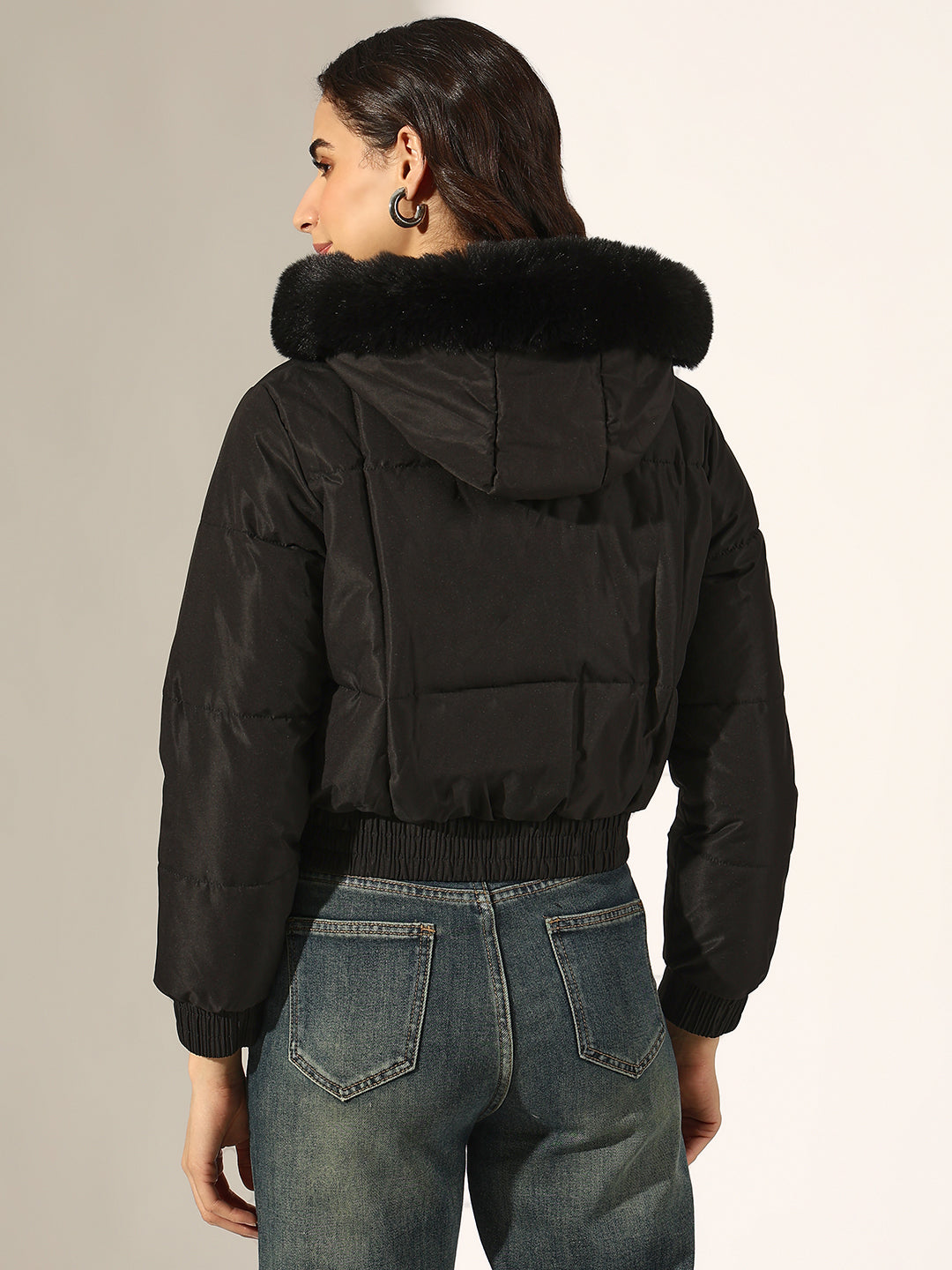 Women's Black Faux Fur Hooded Puffer Jacket