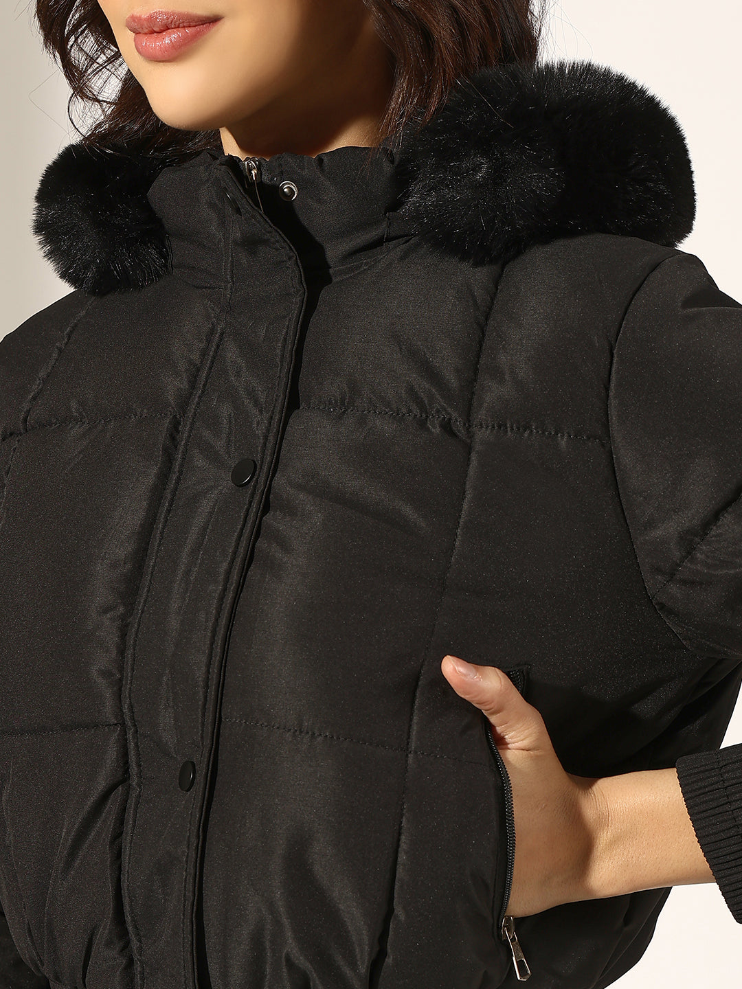 Women's Black Faux Fur Hooded Puffer Jacket