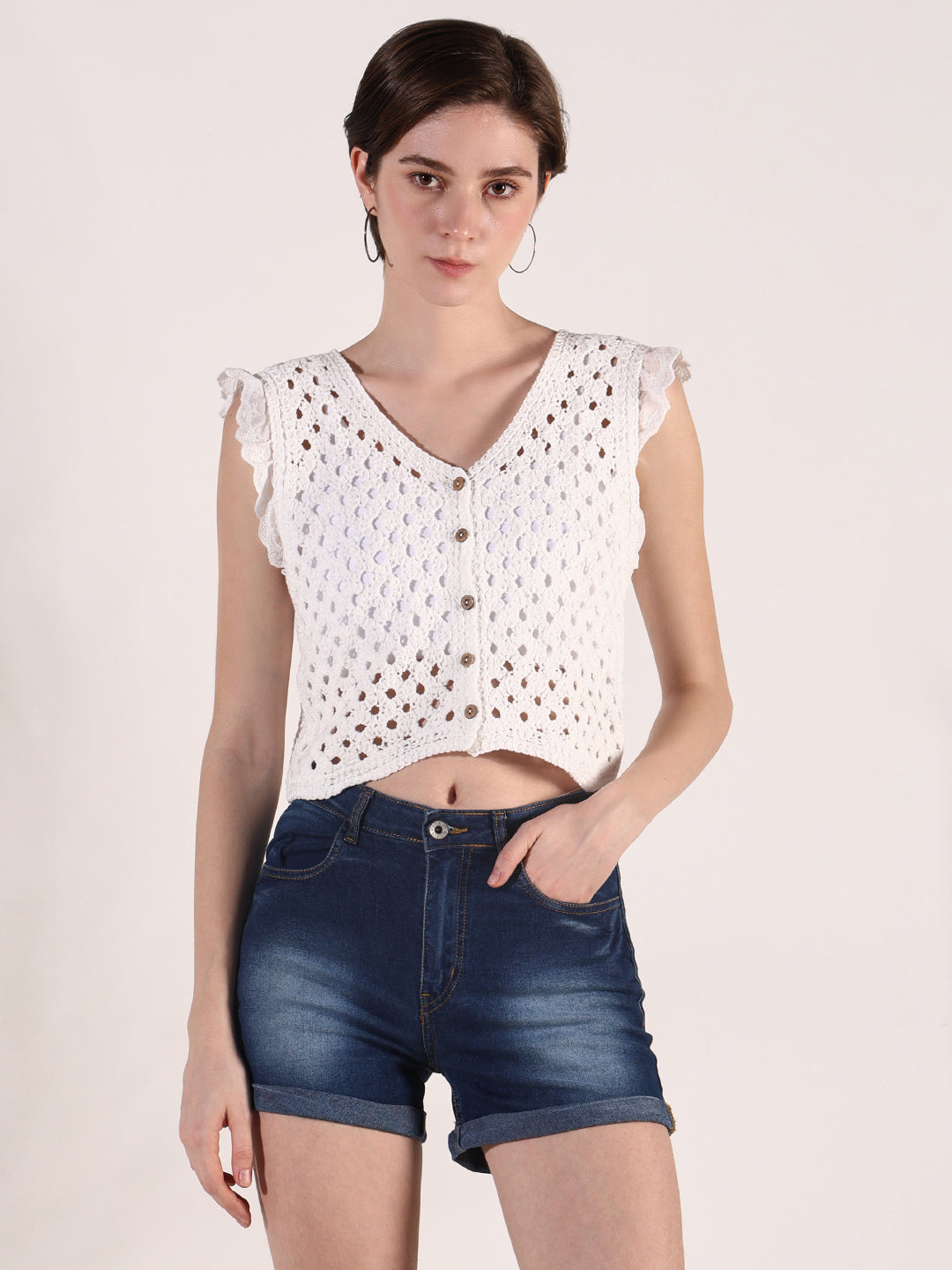 Women's Crochet White Sleeveless Fitted Crop Top with Ruffled Hem Detail