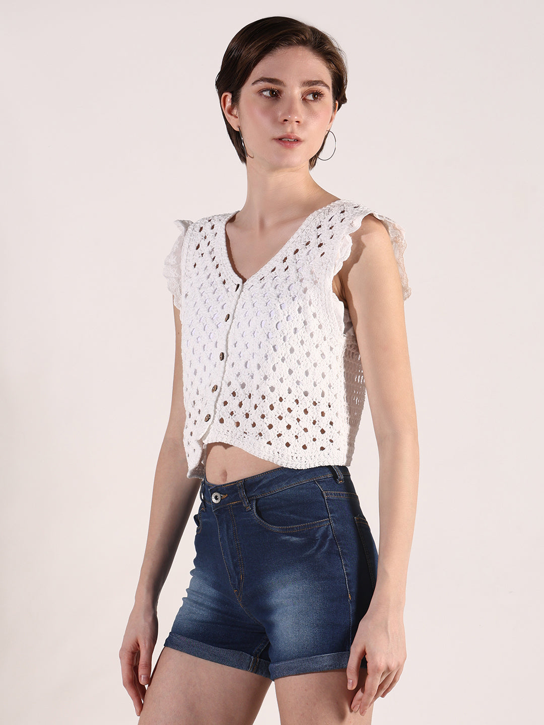 Women's Crochet White Sleeveless Fitted Crop Top with Ruffled Hem Detail