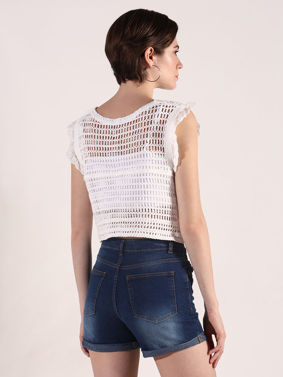 Women's Crochet White Sleeveless Fitted Crop Top with Ruffled Hem Detail