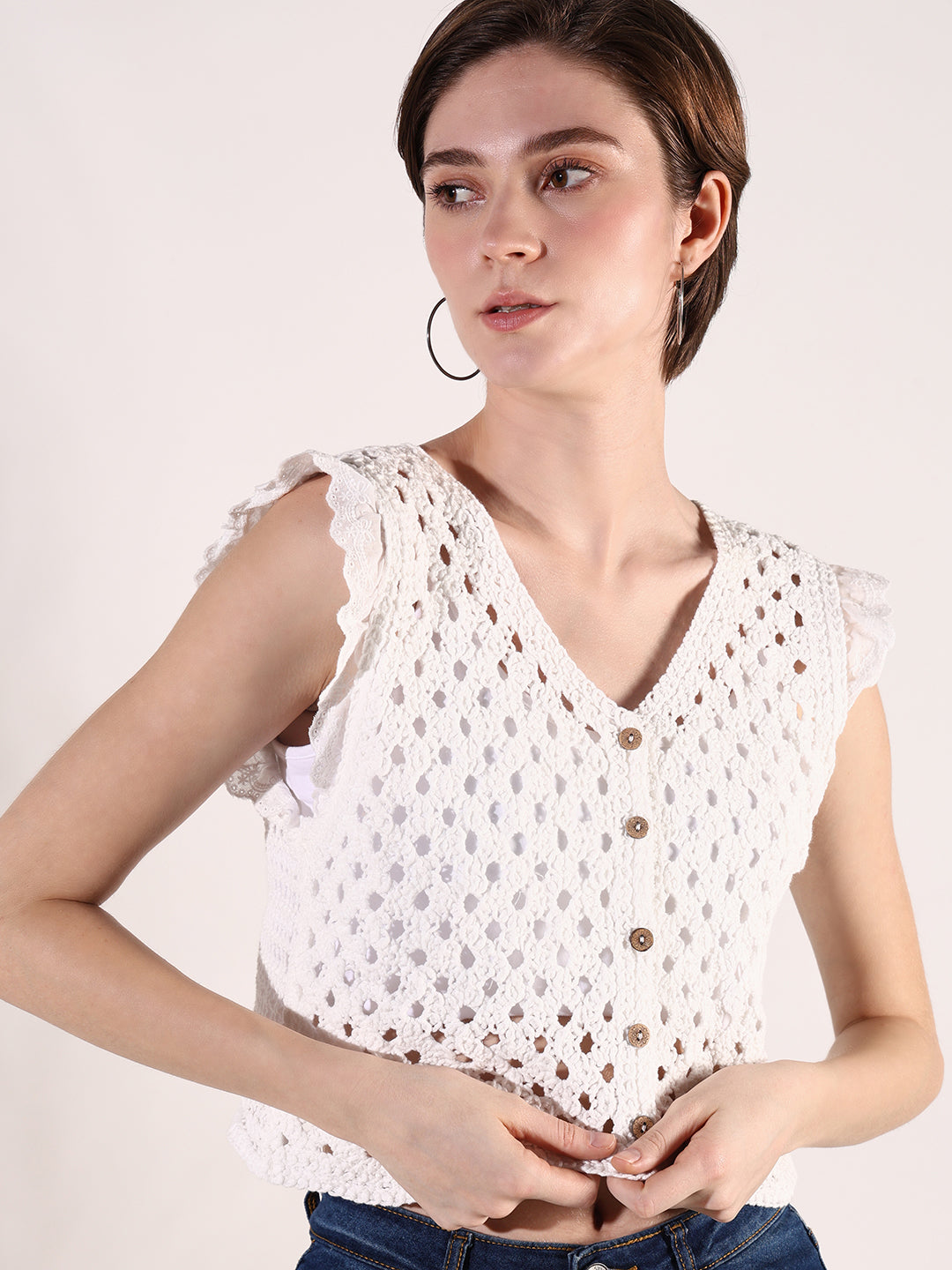 Women's Crochet White Sleeveless Fitted Crop Top with Ruffled Hem Detail