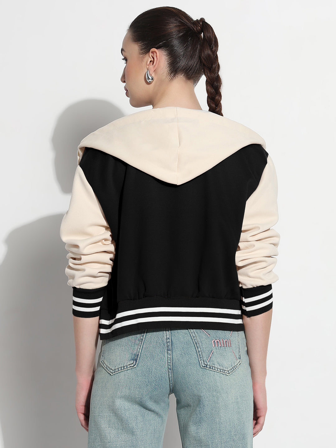 Women's Colourblocked Black Hooded Varsity Jacket