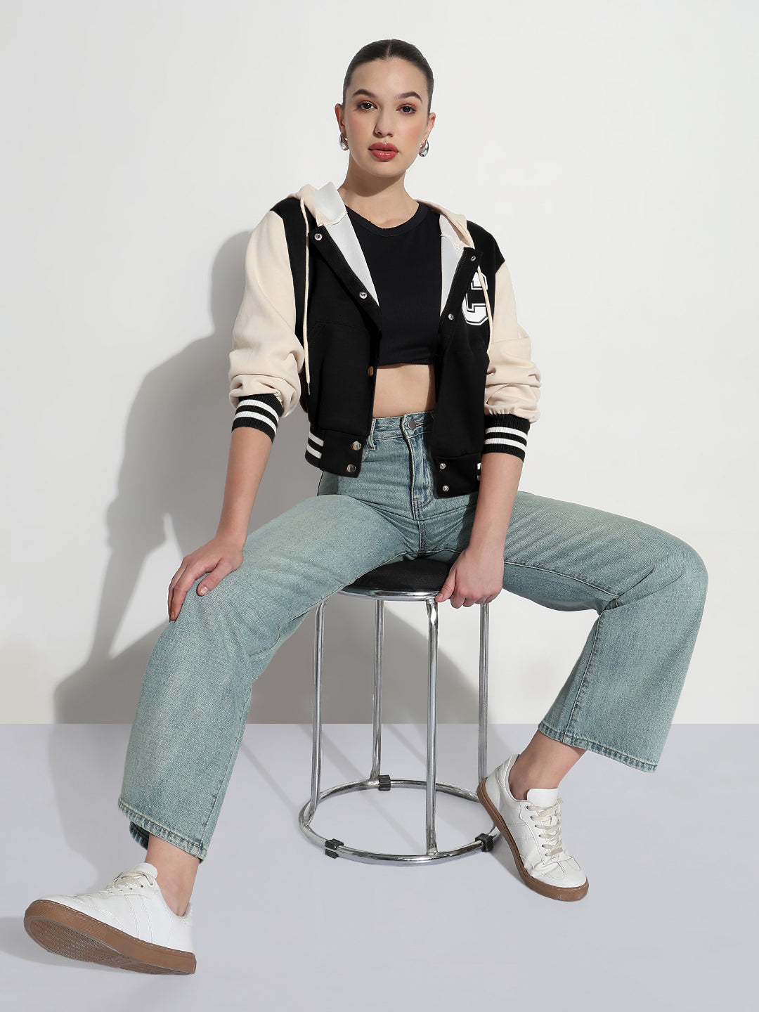 Women's Colourblocked Black Hooded Varsity Jacket