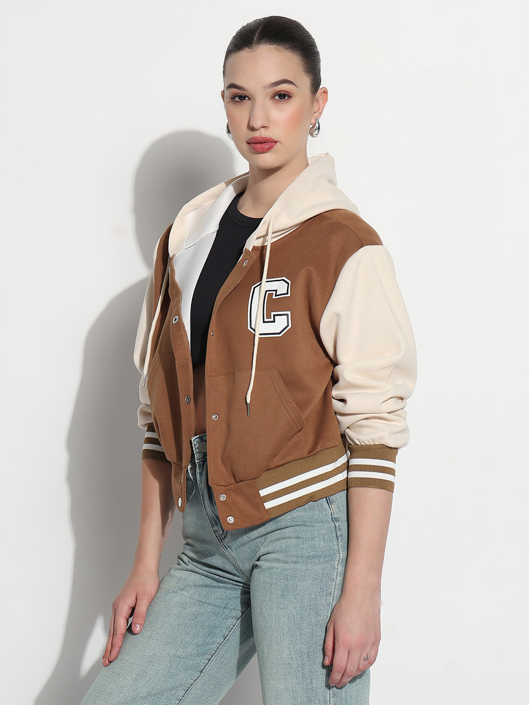 Women's Colourblocked Brown Hooded Varsity Jacket