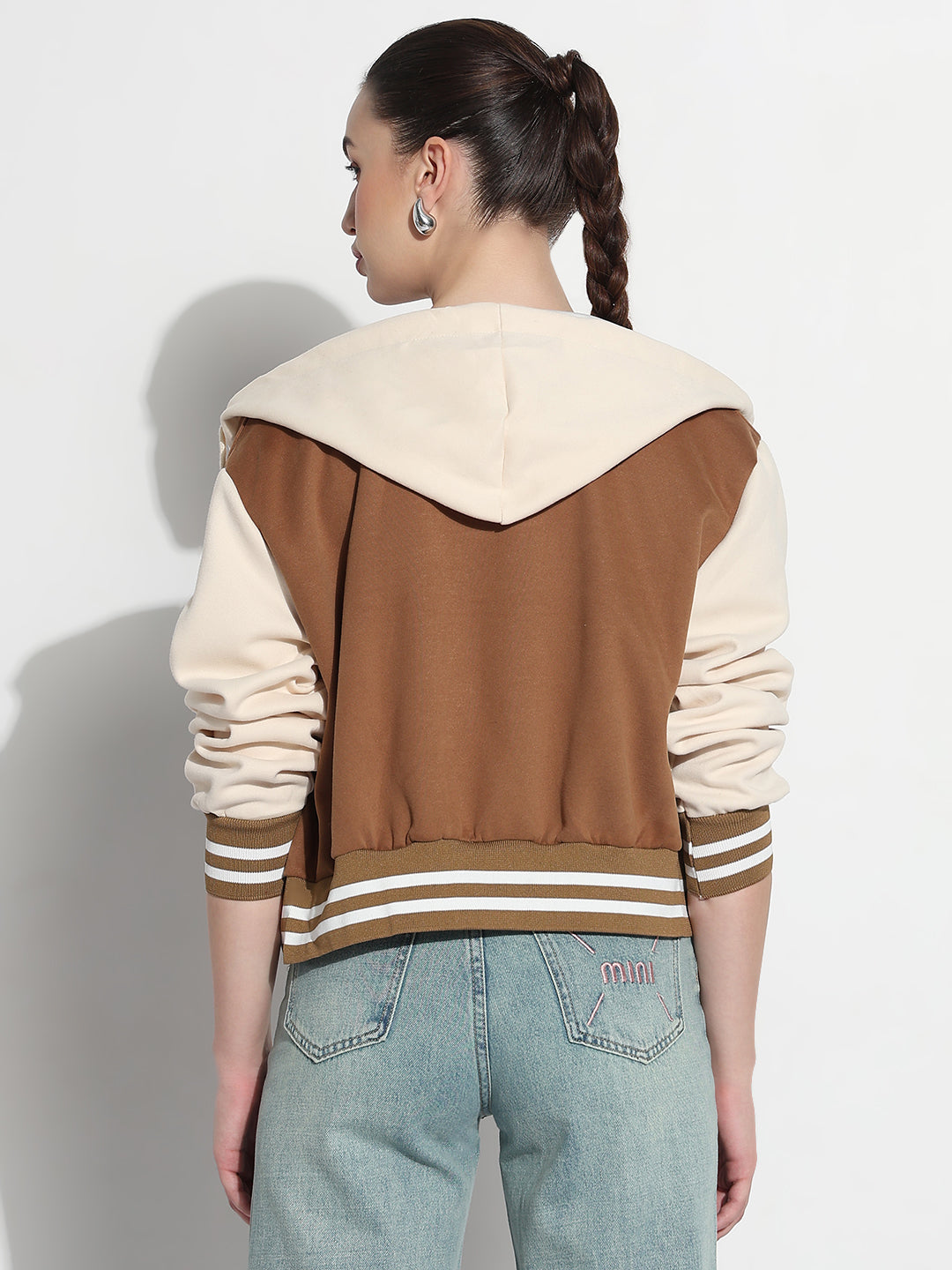 Women's Colourblocked Brown Hooded Varsity Jacket