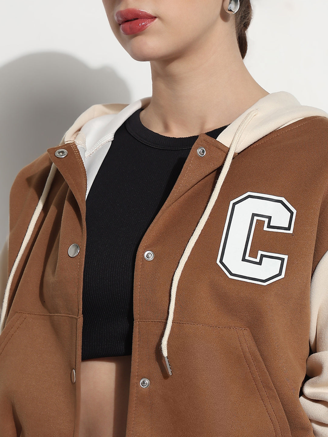 Women's Colourblocked Brown Hooded Varsity Jacket