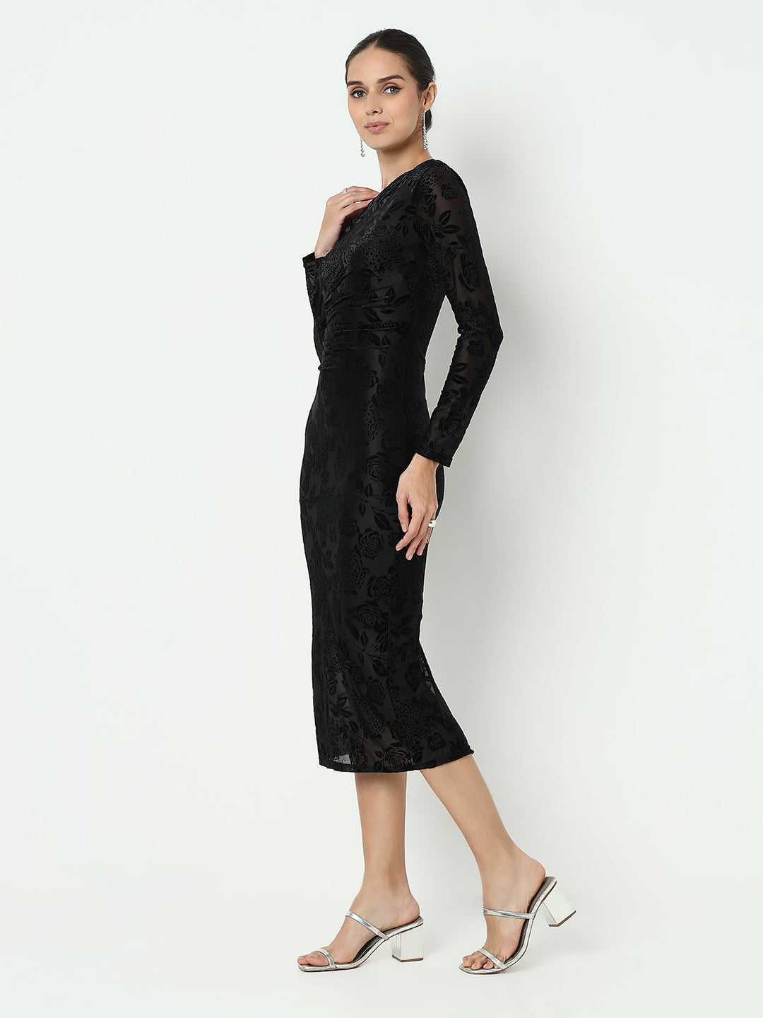 Women's Floral Black Velvet Bodycon Maxi Dress with Back Slit