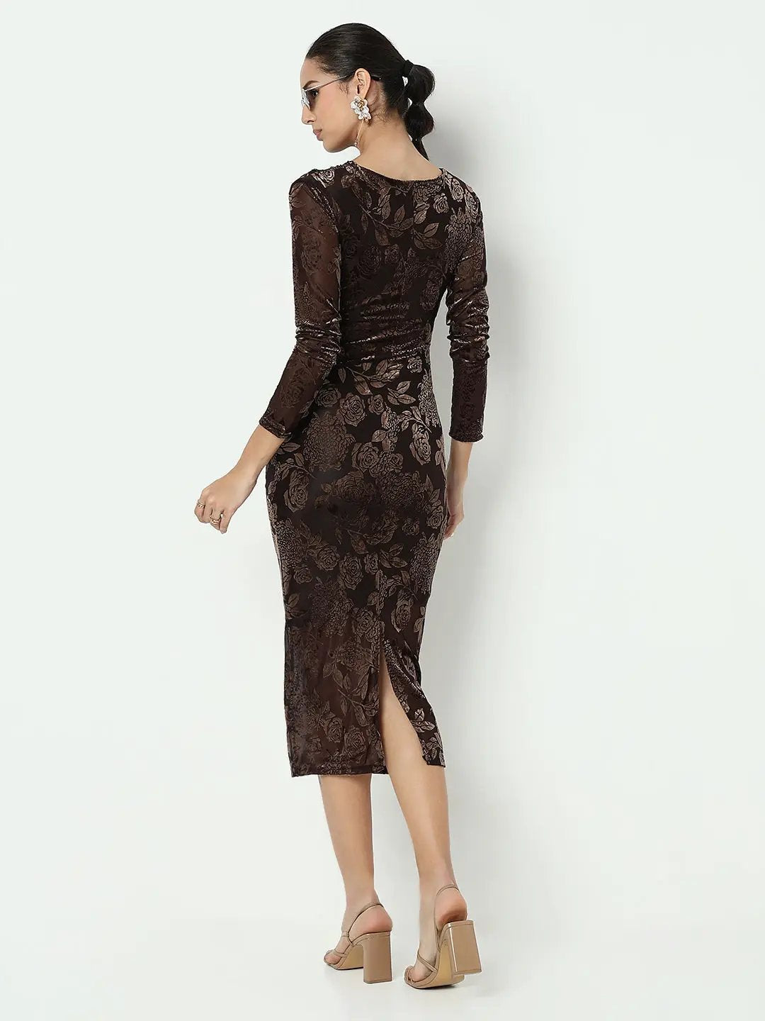 Shop Women's Floral Brown Velvet Bodycon Maxi Dress with Back Slit| Showoffff Shop Women's Floral Brown Velvet Bodycon Maxi Dress with Back Slit| Showoffff