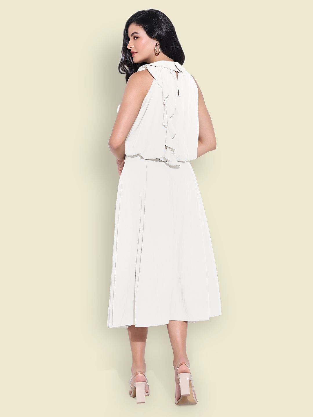 Women's White Ruffle Neck Tie Top with Midi Skirt Co-Ords Set