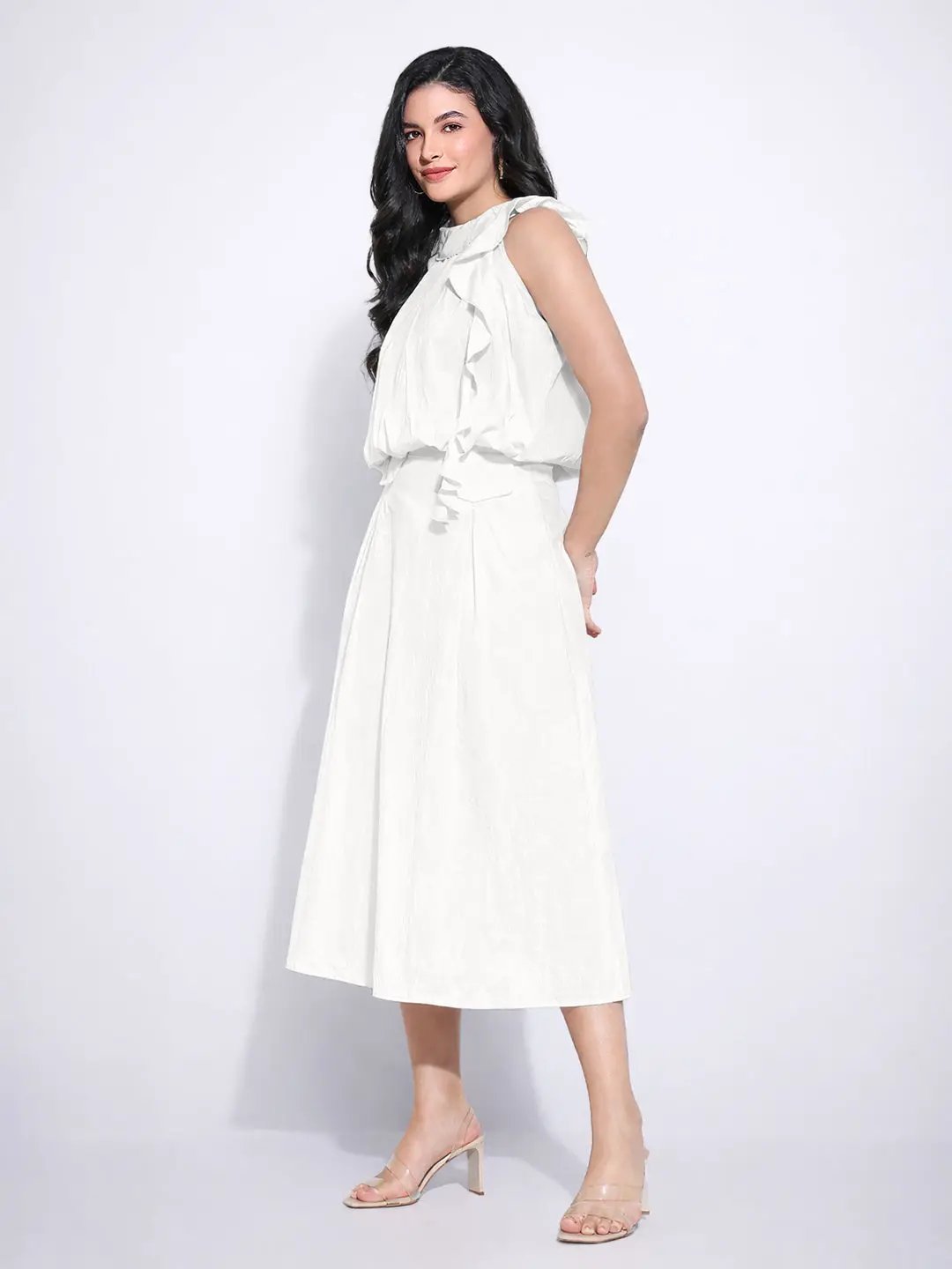 Women's White Ruffle Neck Tie Top with Midi Skirt Co-Ords Set - Uncategorized from SHOWOFFFF