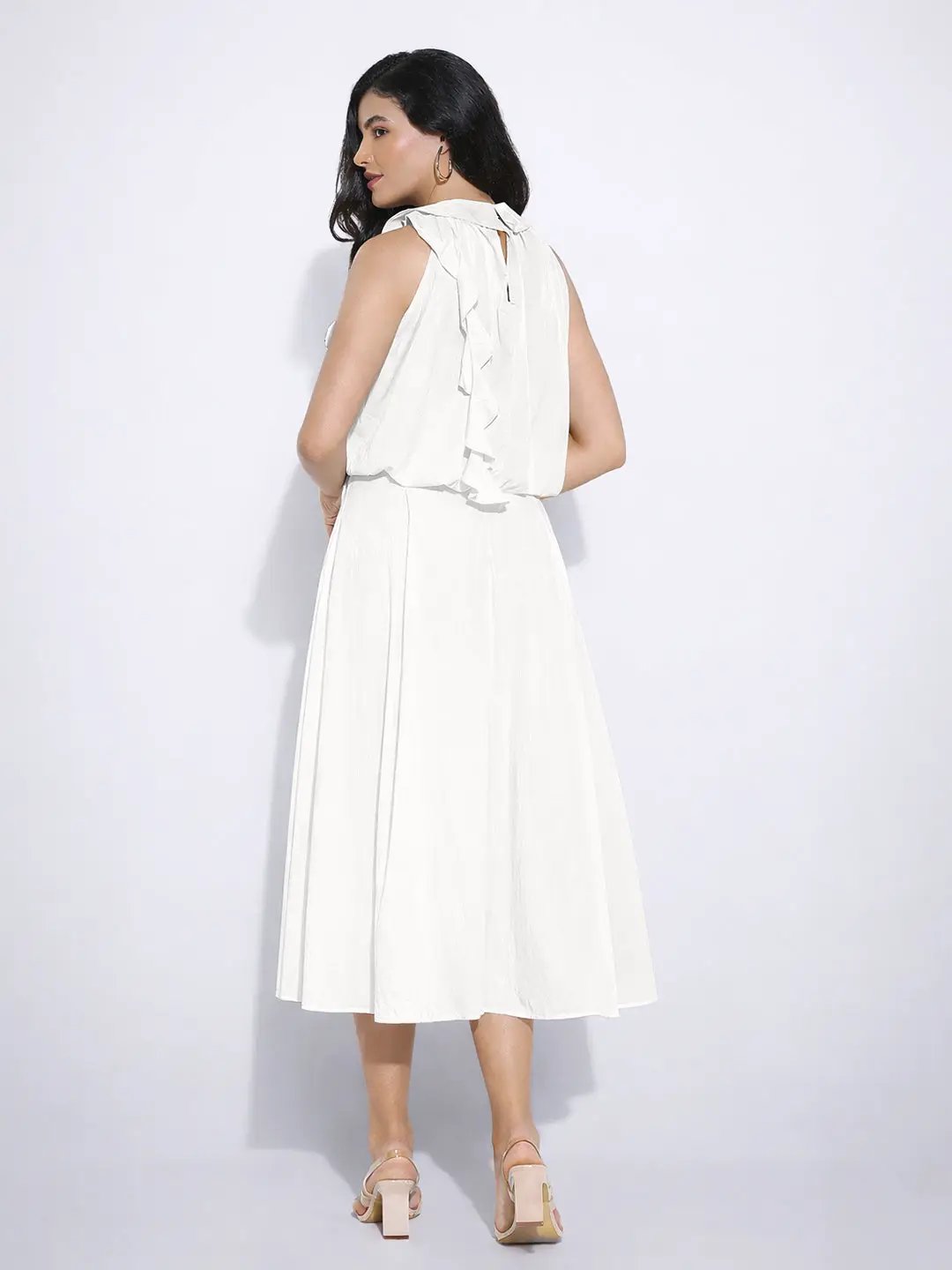Women's White Ruffle Neck Tie Top with Midi Skirt Co-Ords Set - Uncategorized from SHOWOFFFF