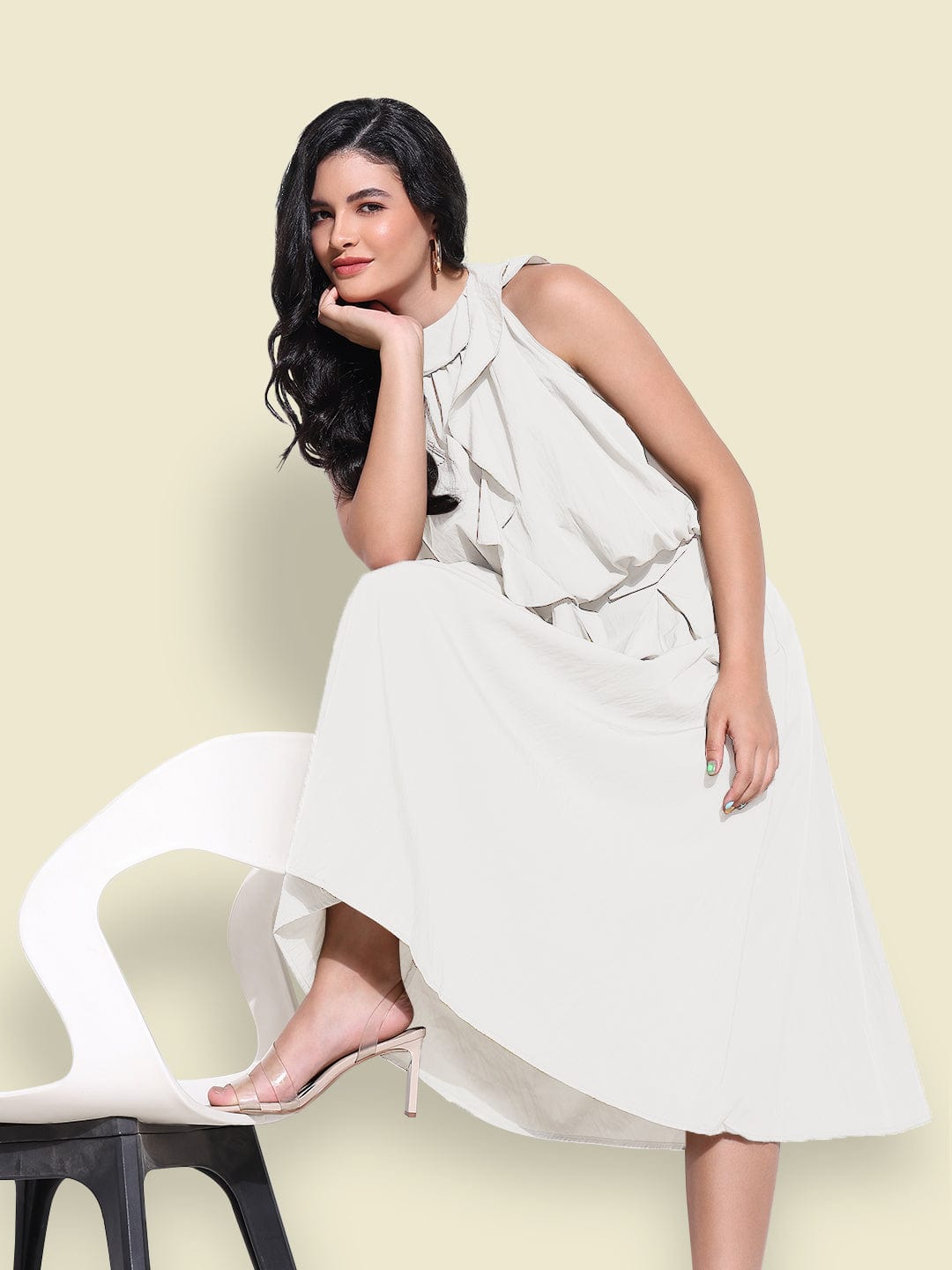 Women's White Ruffle Neck Tie Top with Midi Skirt Co-Ords Set