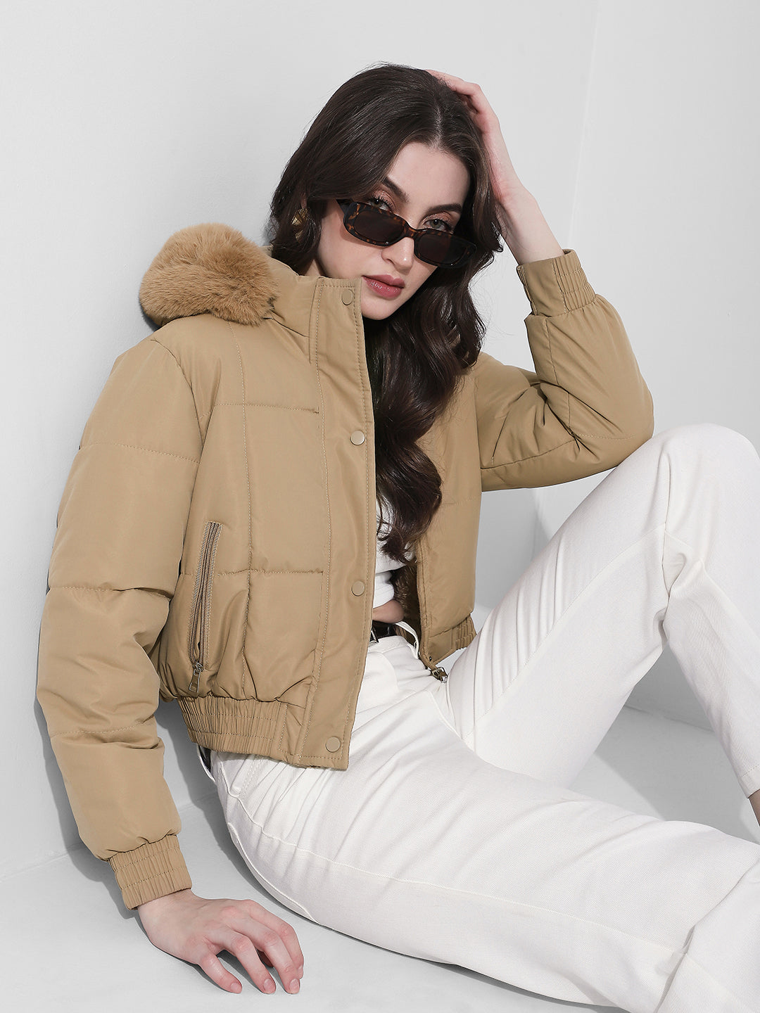 Women's Beige Hooded Puffer Jacket with Faux Fur Trim