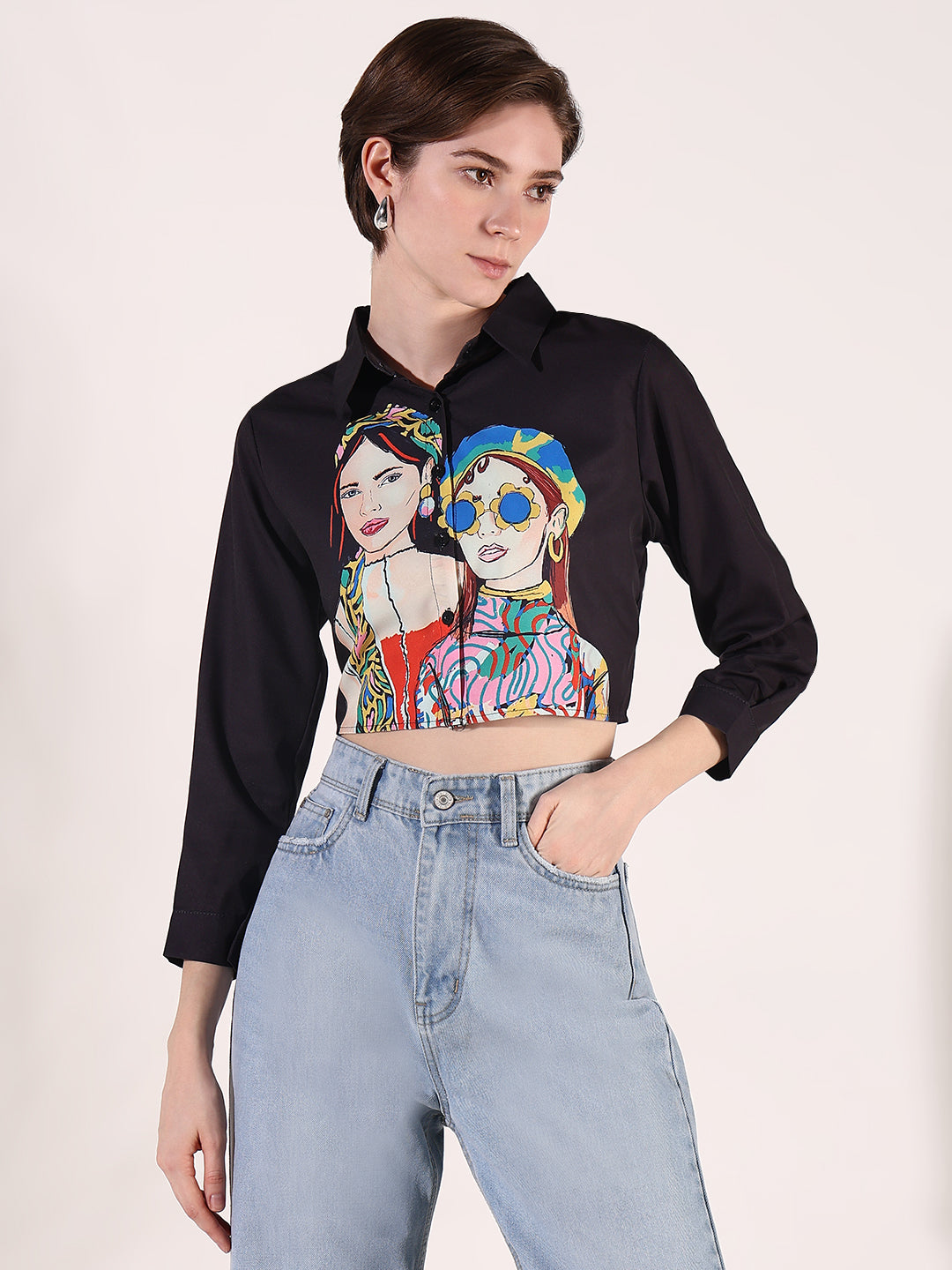 Women Graphic Black Boxy Crop Shirt