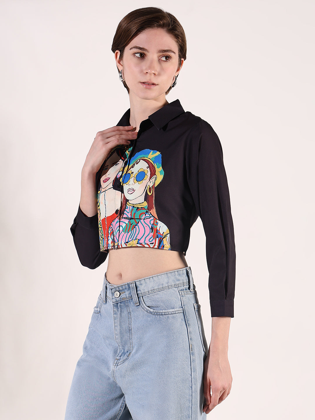 Women Graphic Black Boxy Crop Shirt