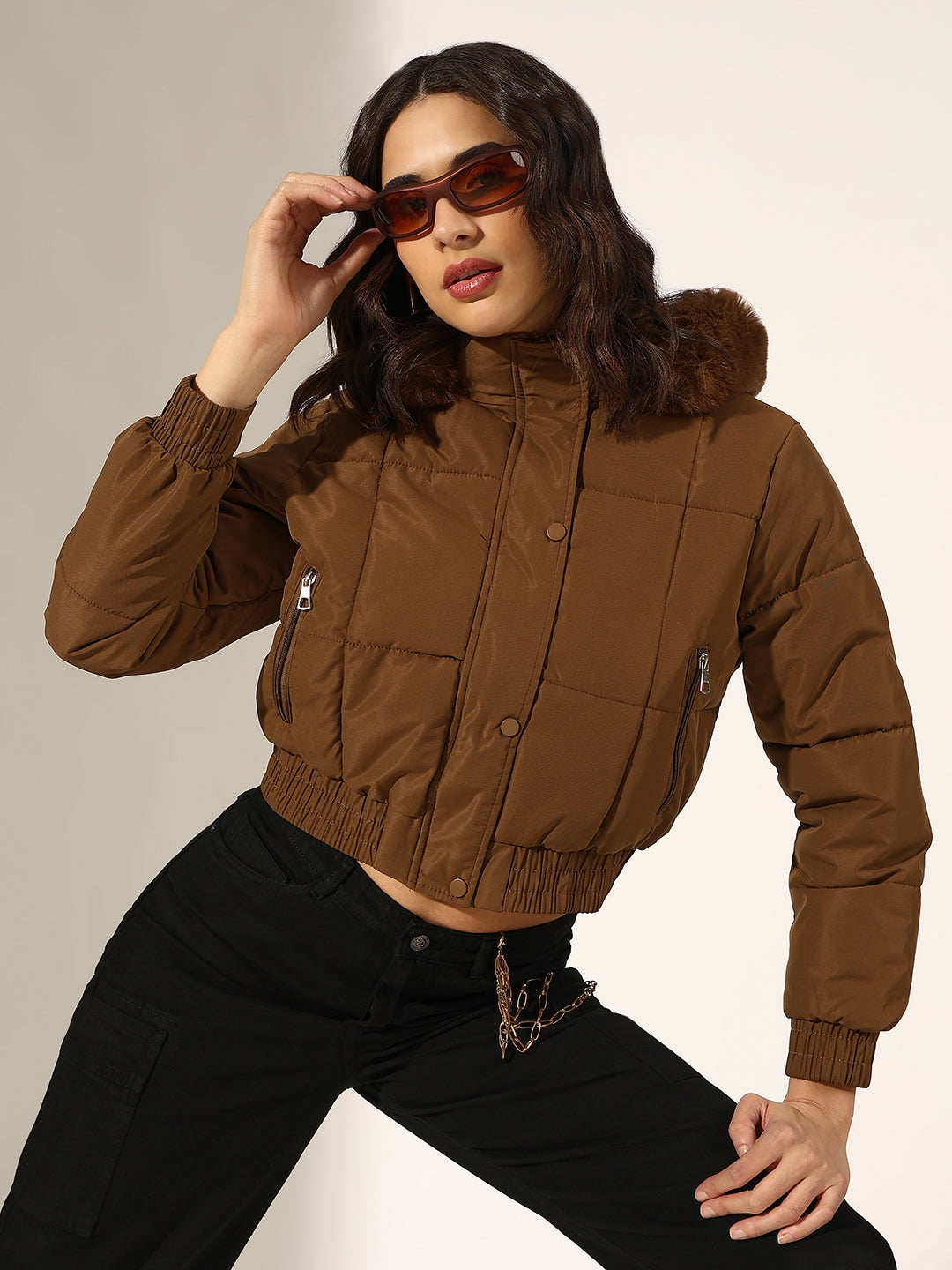 Women's Brown Puffer Jacket with Faux Fur Hood
