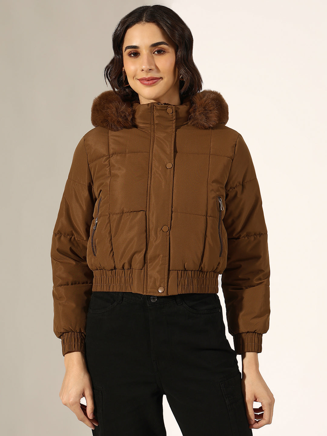 Women's Brown Puffer Jacket with Faux Fur Hood