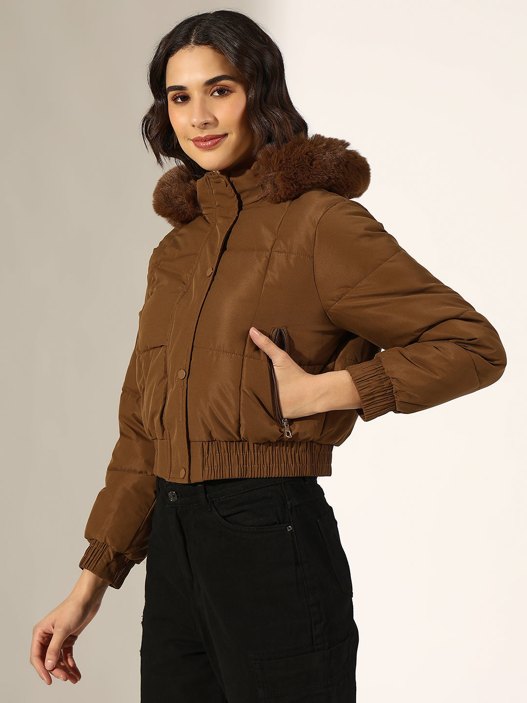 Women's Brown Puffer Jacket with Faux Fur Hood