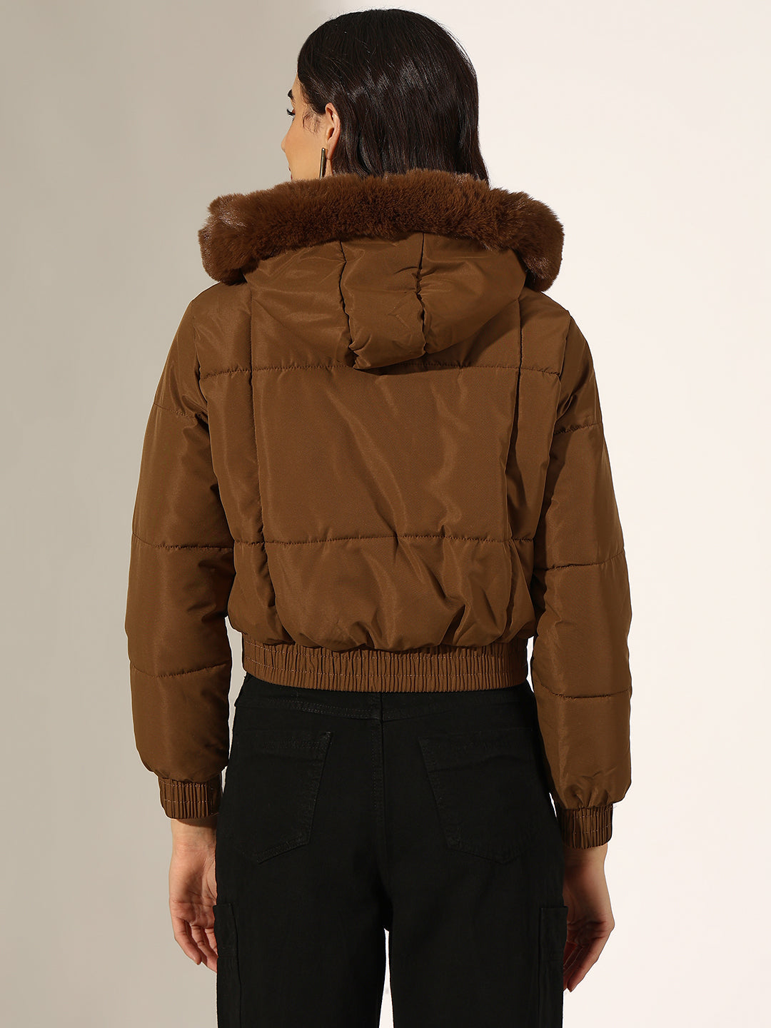 Women's Brown Puffer Jacket with Faux Fur Hood
