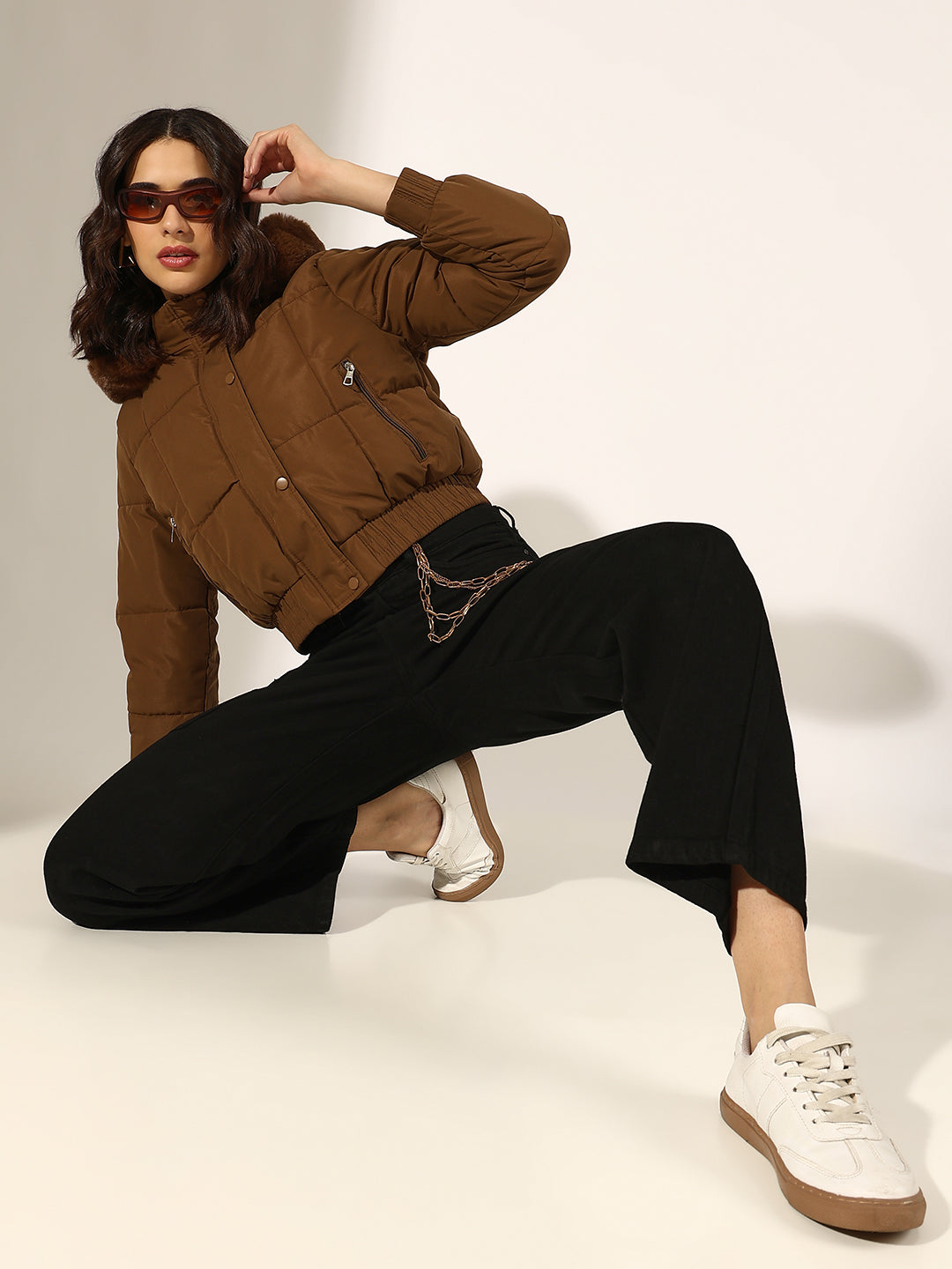 Women's Brown Puffer Jacket with Faux Fur Hood