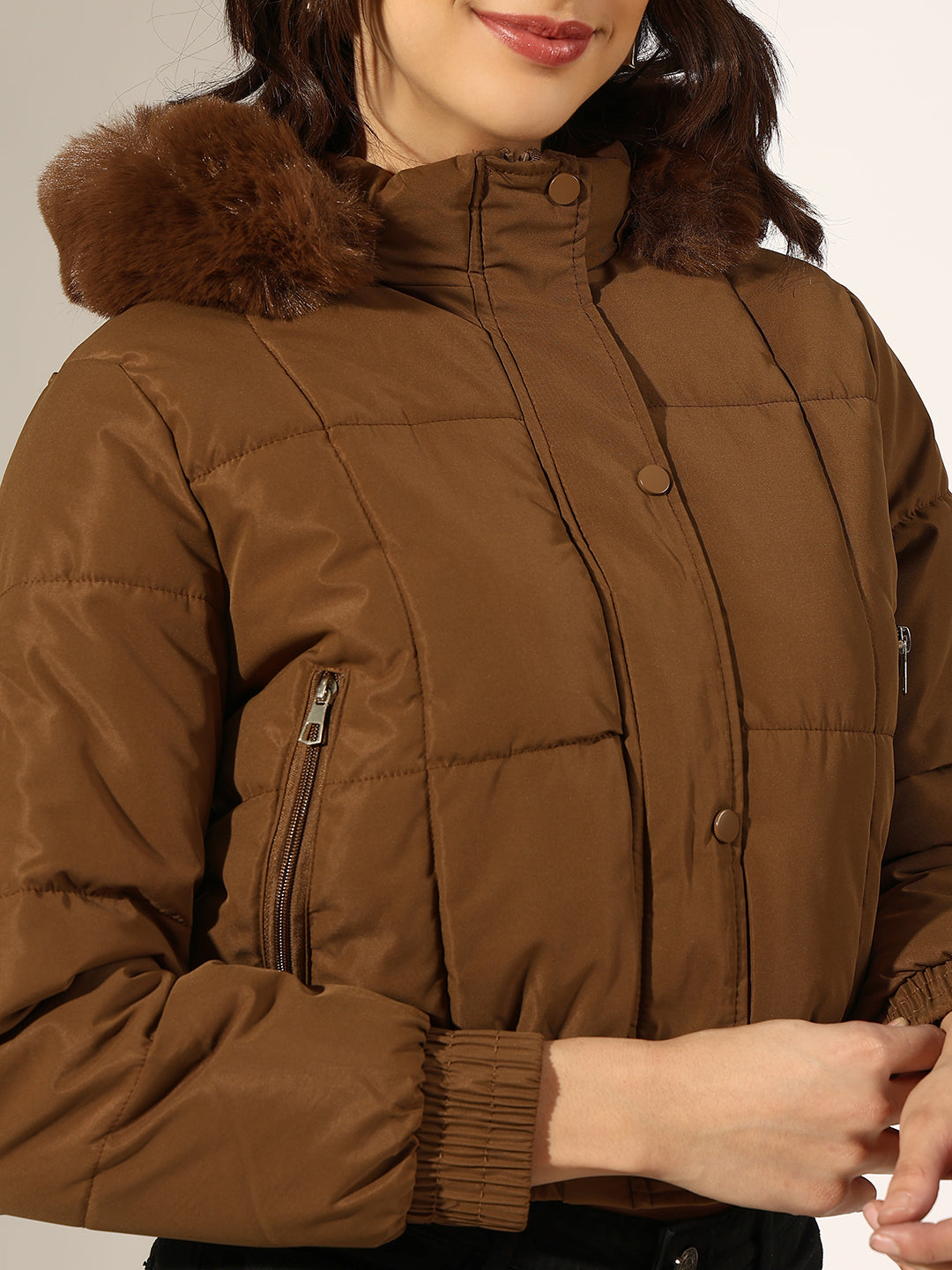 Women's Brown Puffer Jacket with Faux Fur Hood