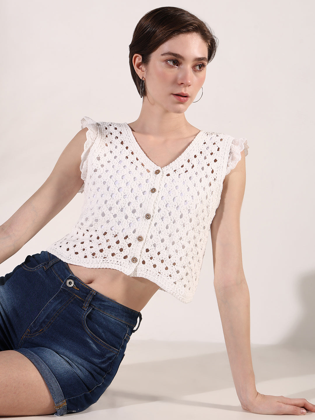 Women Off White Solid Crochet Crop Top